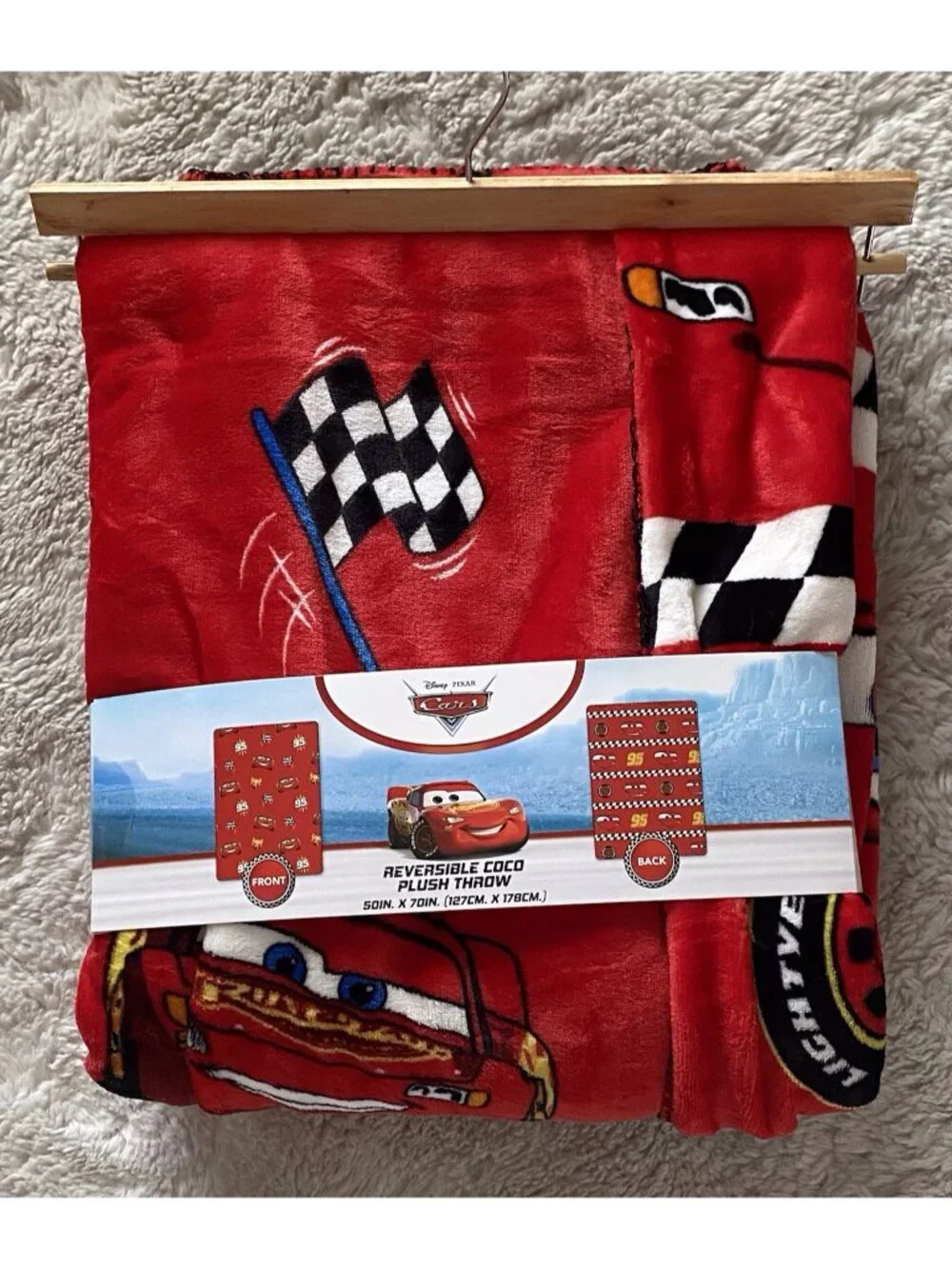 DISNEY Pixar CARS LIGHTNING MCQUEEN Reversible Coco Throw Blanket 50 X 70” NEW